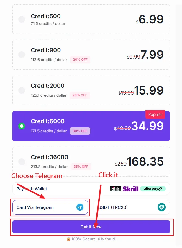 Select a package and open Telegram payment