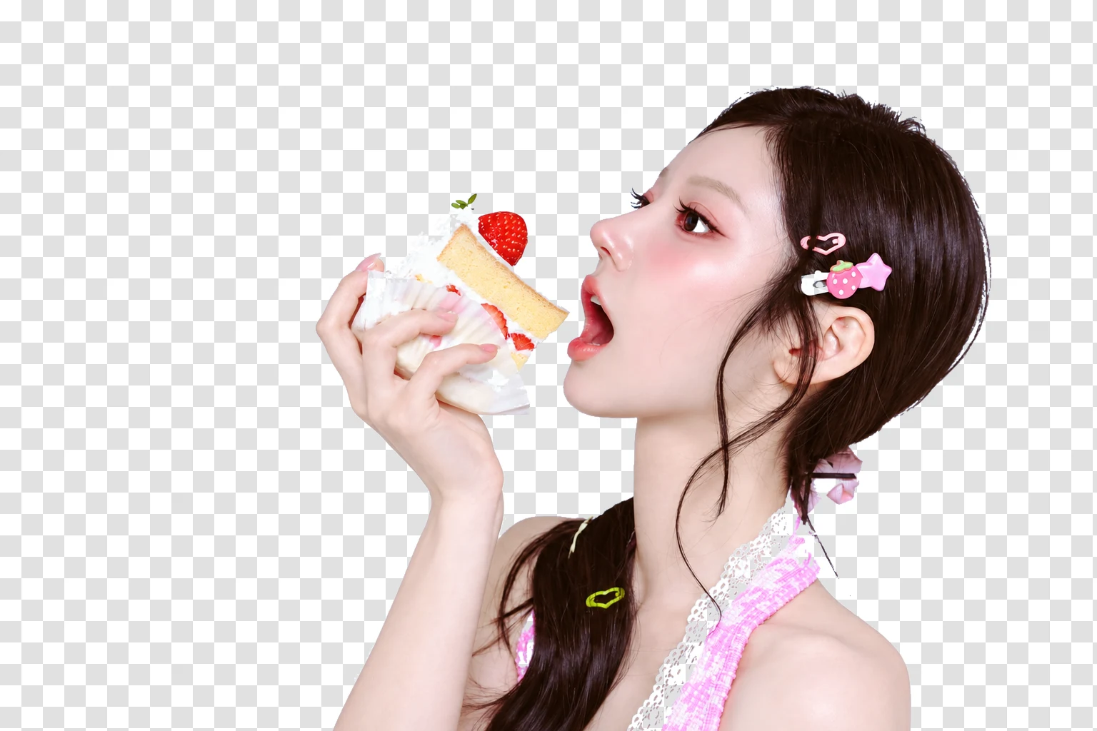 Woman holding a strawberry cake with the background removed