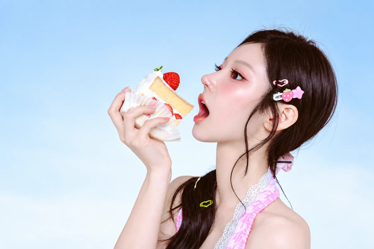 Woman holding a strawberry cake before background removal