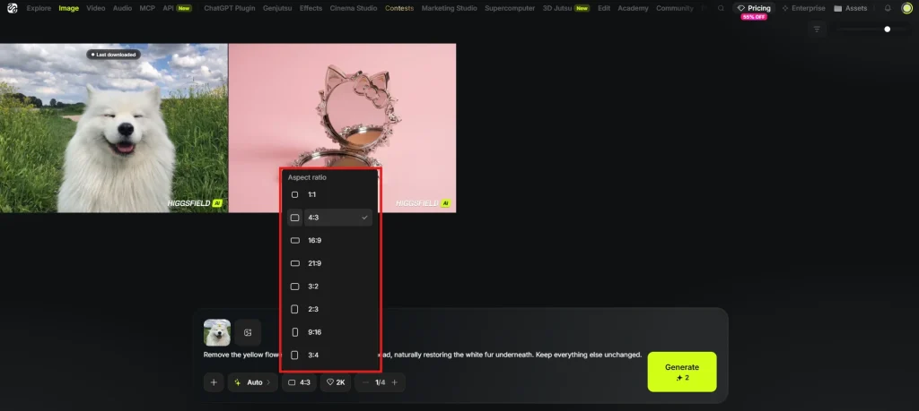 Higgsfield AI aspect ratio settings showing no Default option available